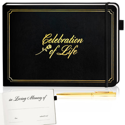 Celebration of Life Guest Book — Black Leather, Gold Embossed