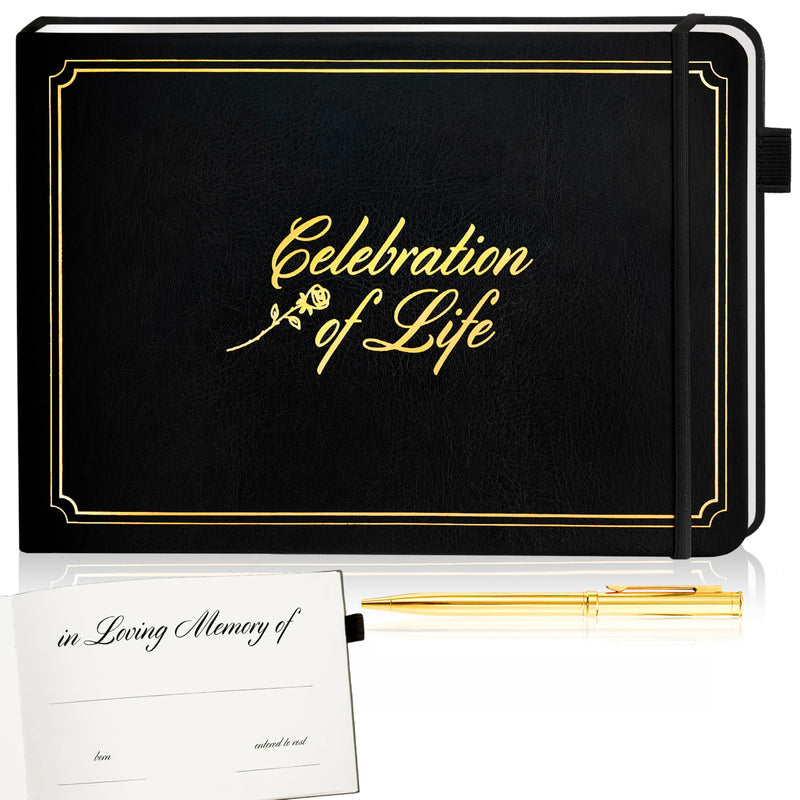 Celebration of Life Guest Book — Black Leather, Gold Embossed